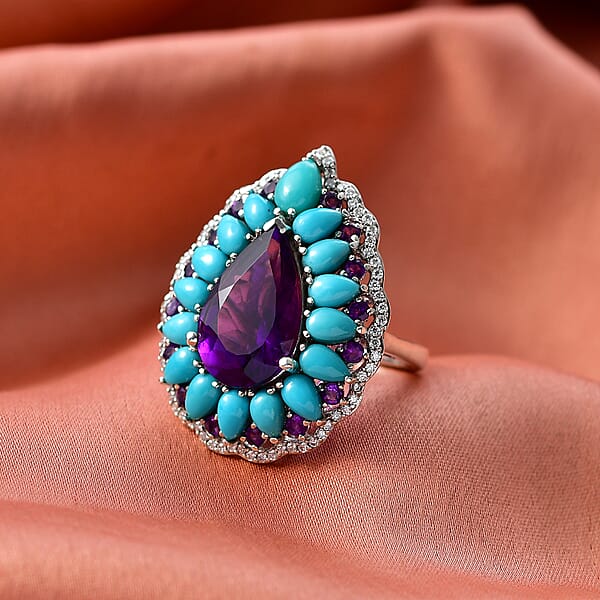 D'Joy Premium Lusaka Amethyst And Multi Gemstone 10.65 Ctw Teardrop Petal Ring In Rhodium Over Sterling Silver