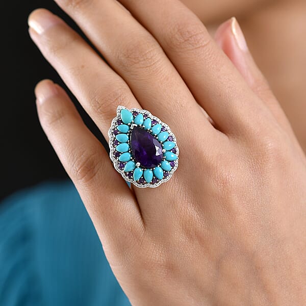 D'Joy Premium Lusaka Amethyst And Multi Gemstone 10.65 Ctw Teardrop Petal Ring In Rhodium Over Sterling Silver