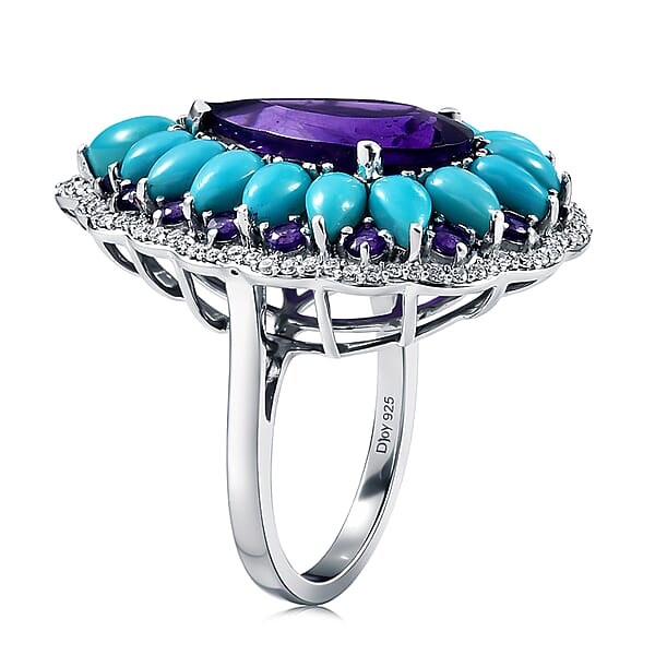 D'Joy Premium Lusaka Amethyst And Multi Gemstone 10.65 Ctw Teardrop Petal Ring In Rhodium Over Sterling Silver