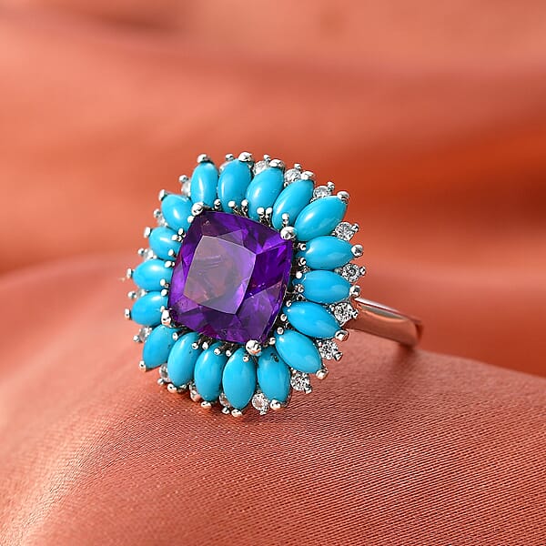 D'Joy Premium Lusaka Amethyst And Multi Gemstone 6.10 Ctw Petal Frame Ring In Rhodium Over Sterling Silver