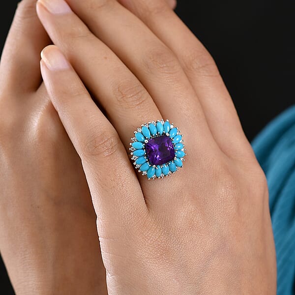 D'Joy Premium Lusaka Amethyst And Multi Gemstone 7.50 Ctw Petal Halo Ring In Rhodium Over Sterling Silver