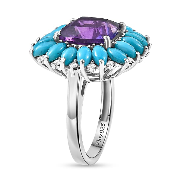 D'Joy Premium Lusaka Amethyst And Multi Gemstone 7.50 Ctw Petal Halo Ring In Rhodium Over Sterling Silver