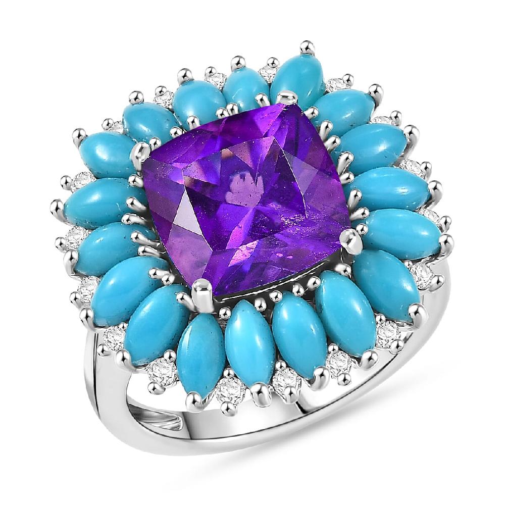 D'Joy Premium Lusaka Amethyst and Multi Gemstone 7.50 ctw Petal Halo Ring in Rhodium Over Sterling Silver