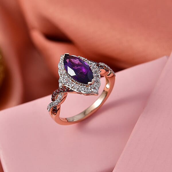 D'Joy Premium Lusaka Amethyst And White And Brown Zircon 2.50 Ctw Marquise Bloom Ring In 18K Vermeil Rose Gold Over Sterling Silver