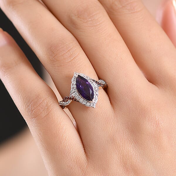 D'Joy Premium Lusaka Amethyst And White And Brown Zircon 2.50 Ctw Marquise Bloom Ring In 18K Vermeil Rose Gold Over Sterling Silver