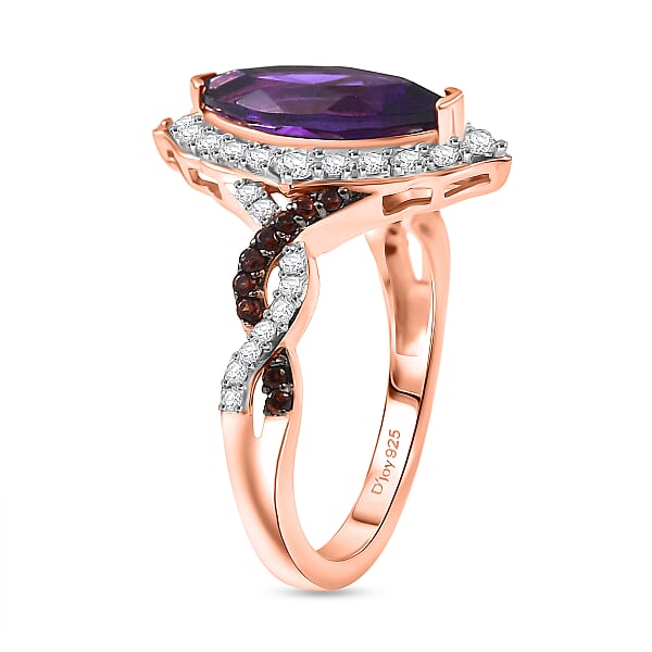 D'Joy Premium Lusaka Amethyst And White And Brown Zircon 2.50 Ctw Marquise Bloom Ring In 18K Vermeil Rose Gold Over Sterling Silver