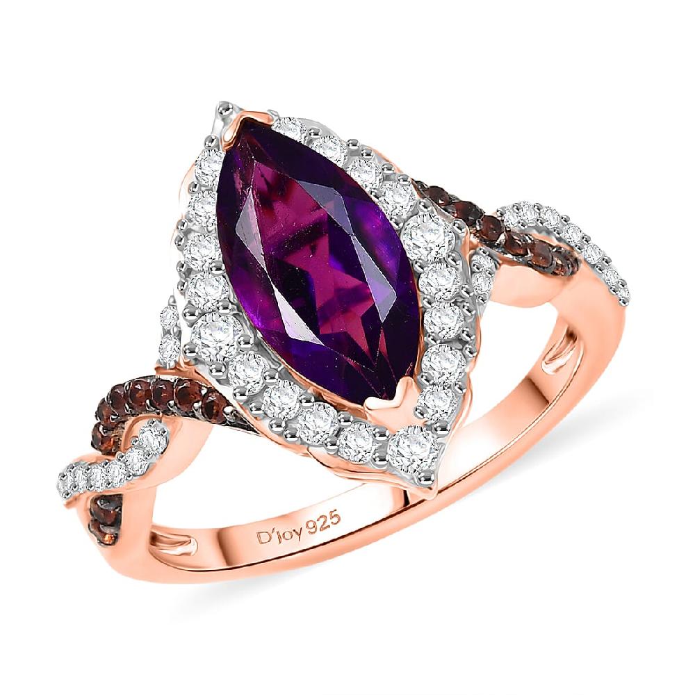 D'Joy Premium Lusaka Amethyst and White and Brown Zircon 2.50 ctw Marquise Bloom Ring in 18K Vermeil Rose Gold Over Sterling Silver