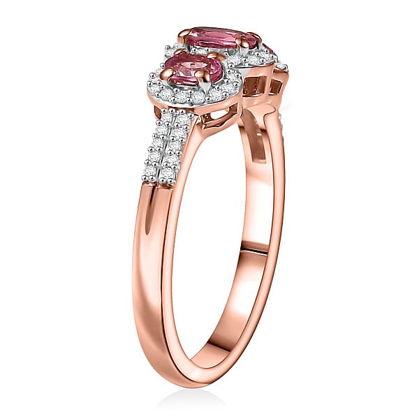 D'Joy Premium Mahenge Spinel And Moissanite 0.85 Ctw Royal Trilogy Ring In 18K Vermeil Rose Gold Over Sterling Silver
