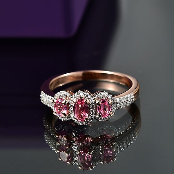 D'Joy Premium Mahenge Spinel And Moissanite 0.85 Ctw Royal Trilogy Ring In 18K Vermeil Rose Gold Over Sterling Silver