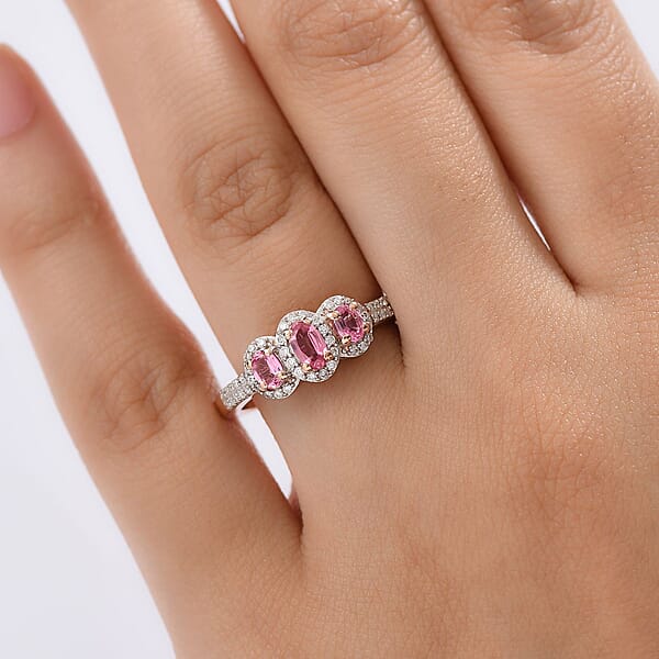 D'Joy Premium Mahenge Spinel And Moissanite 0.85 Ctw Royal Trilogy Ring In 18K Vermeil Rose Gold Over Sterling Silver