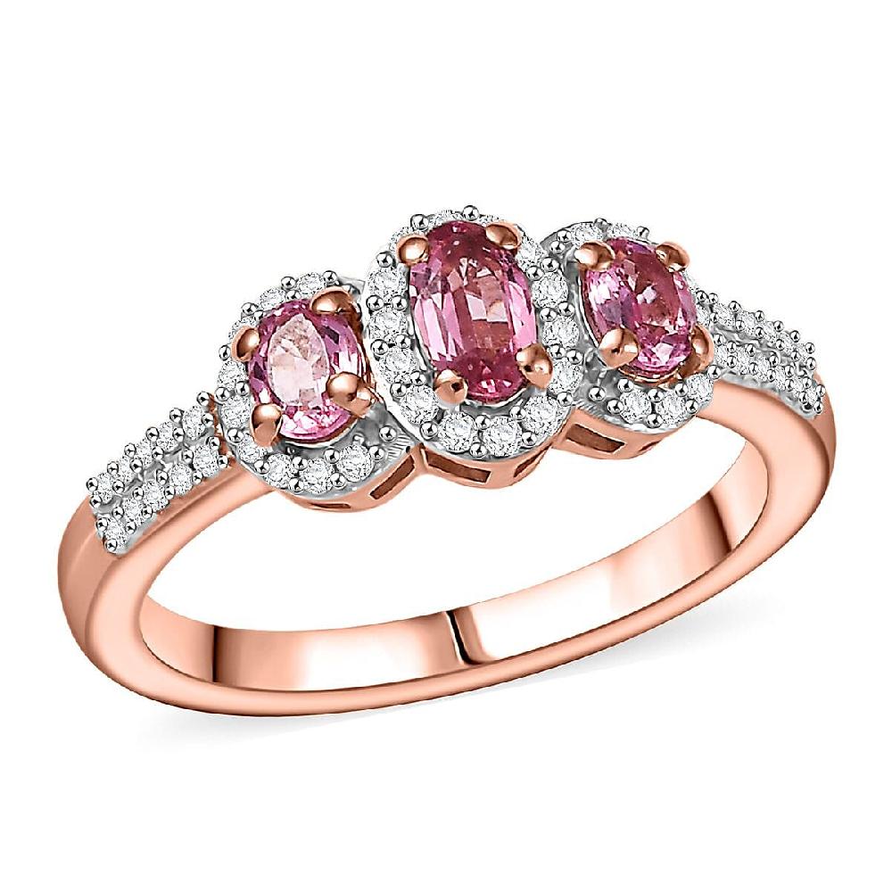D'Joy Premium Mahenge Spinel and Moissanite 0.85 ctw Royal Trilogy Ring in 18K Vermeil Rose Gold Over Sterling Silver