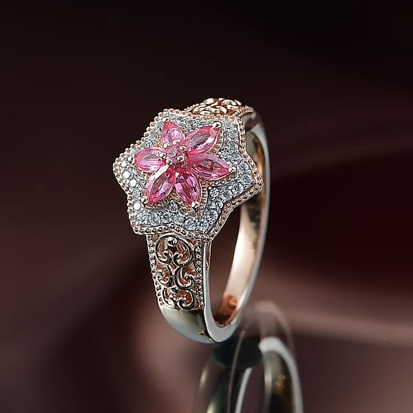D'Joy Premium Mahenge Spinel And White Zircon 0.85 Ctw Floral Regalia Ring In 18K Vermeil Rose Gold Over Sterling Silver
