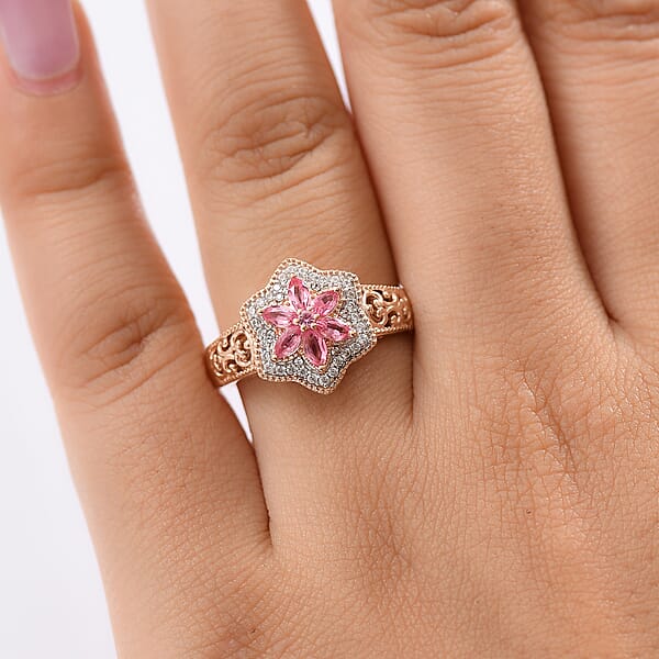 D'Joy Premium Mahenge Spinel And White Zircon 0.85 Ctw Floral Regalia Ring In 18K Vermeil Rose Gold Over Sterling Silver
