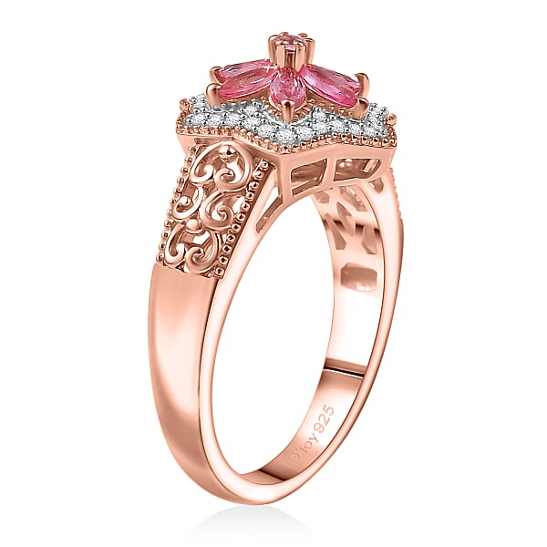 D'Joy Premium Mahenge Spinel And White Zircon 0.85 Ctw Floral Regalia Ring In 18K Vermeil Rose Gold Over Sterling Silver