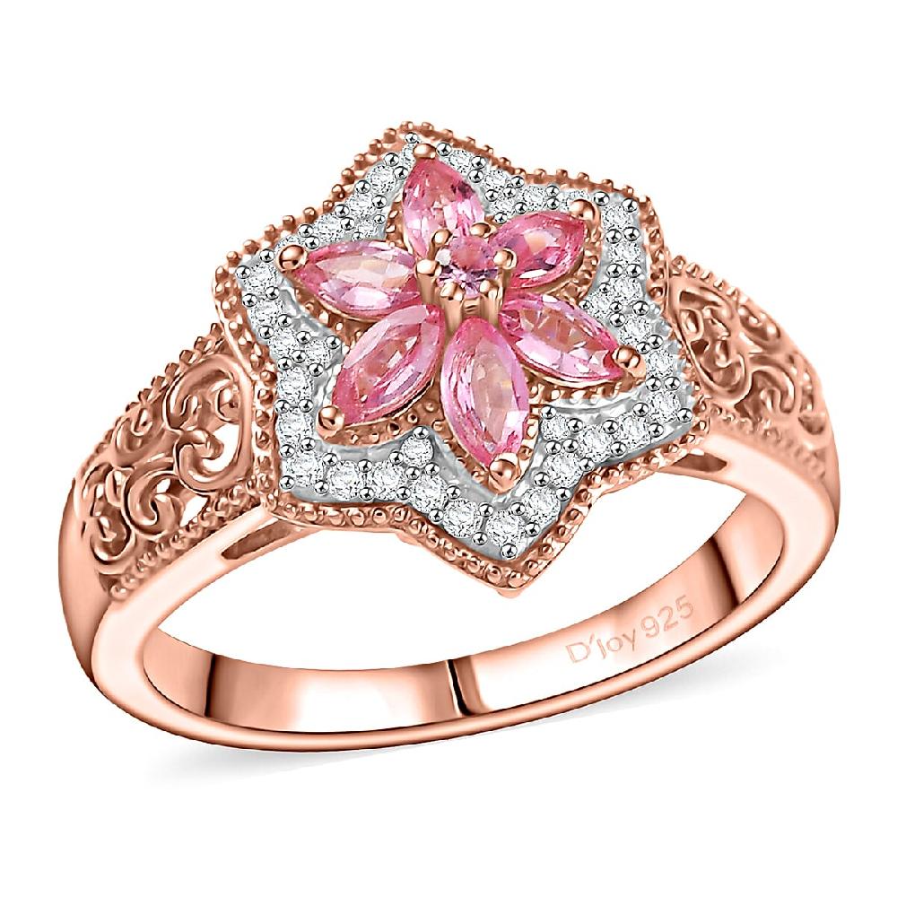 D'Joy Premium Mahenge Spinel and White Zircon 0.85 ctw Floral Regalia Ring in 18K Vermeil Rose Gold Over Sterling Silver