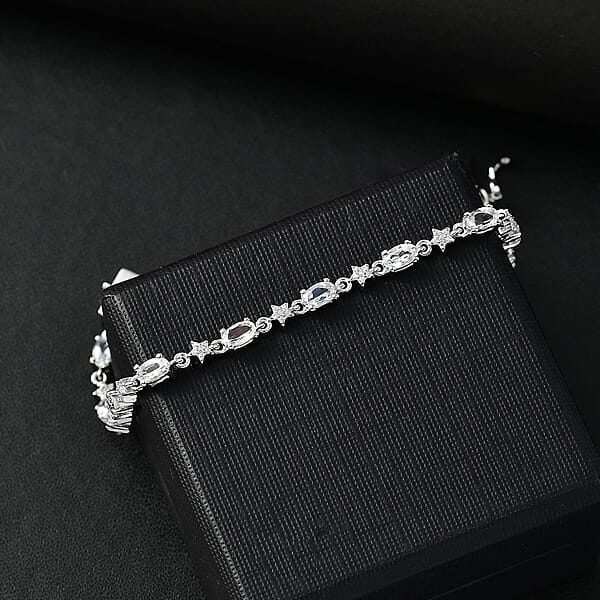 D'Joy Premium Malagasy Moonstone And Moissanite 3.80 Ctw Celestial Bracelet In Rhodium Over Sterling Silver (7.25 In)