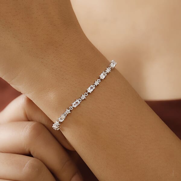 D'Joy Premium Malagasy Moonstone And Moissanite 3.80 Ctw Celestial Bracelet In Rhodium Over Sterling Silver (7.25 In)