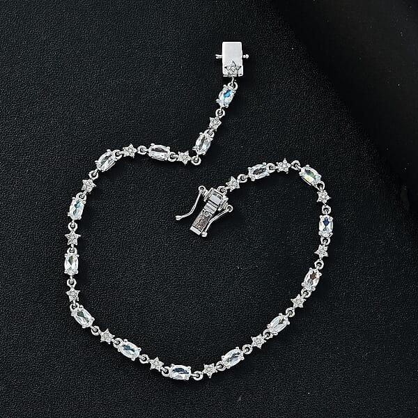 D'Joy Premium Malagasy Moonstone And Moissanite 4.10 Ctw Celestial Bracelet In Rhodium Over Sterling Silver (8.00 In)