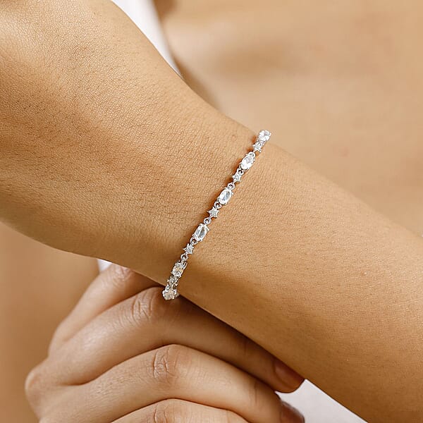 D'Joy Premium Malagasy Moonstone And Moissanite 4.10 Ctw Celestial Bracelet In Rhodium Over Sterling Silver (8.00 In)