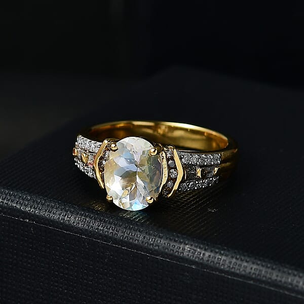 D'Joy Premium Malagasy Moonstone Natural Champagne And White Diamond 2.20 Ctw Ring In 18K Vermeil Yellow Gold Over Sterling Silver (Del. In 8-10 Days)