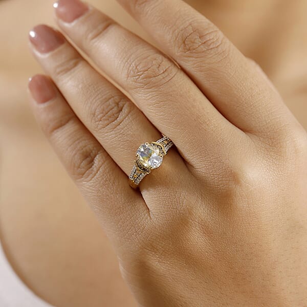 D'Joy Premium Malagasy Moonstone Natural Champagne And White Diamond 2.20 Ctw Ring In 18K Vermeil Yellow Gold Over Sterling Silver (Del. In 8-10 Days)