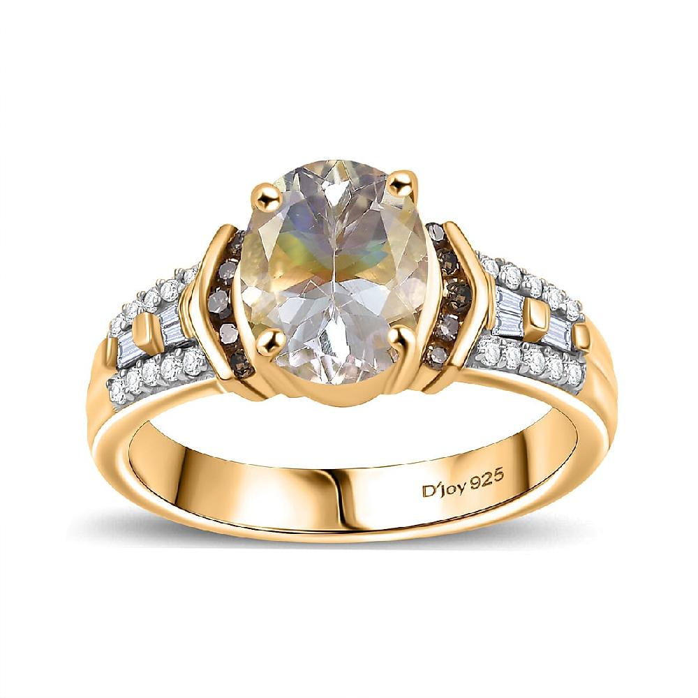 D'Joy Premium Malagasy Moonstone Natural Champagne and White Diamond 2.20 ctw Ring in 18K Vermeil Yellow Gold Over Sterling Silver (Del. in 8-10 Days)