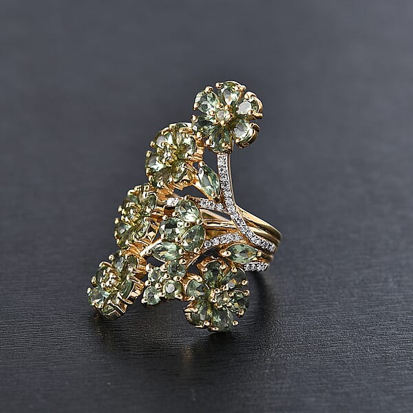 D'Joy Premium Malagasy Pine Apatite And Moissanite 6.80 Ctw Jasmine Floral Ring In 18K Vermeil Yellow Gold Over Sterling Silver