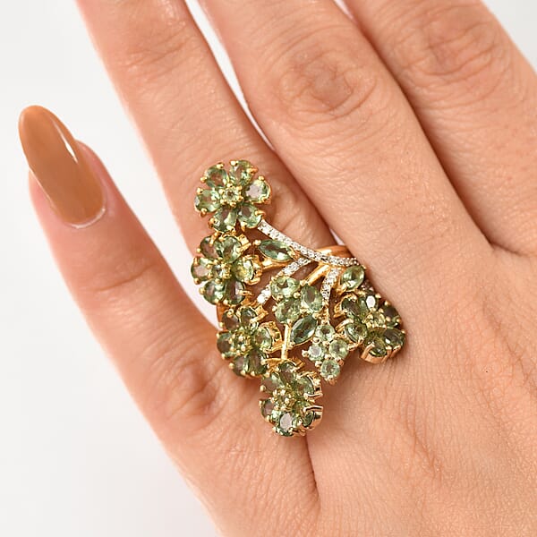 D'Joy Premium Malagasy Pine Apatite And Moissanite 6.80 Ctw Jasmine Floral Ring In 18K Vermeil Yellow Gold Over Sterling Silver