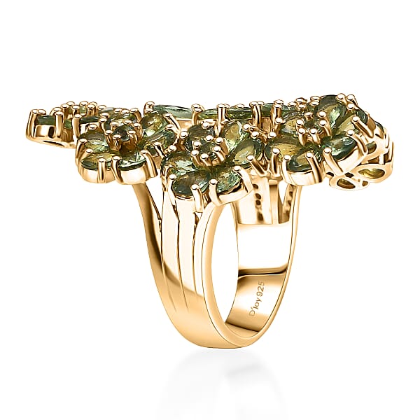 D'Joy Premium Malagasy Pine Apatite And Moissanite 6.80 Ctw Jasmine Floral Ring In 18K Vermeil Yellow Gold Over Sterling Silver