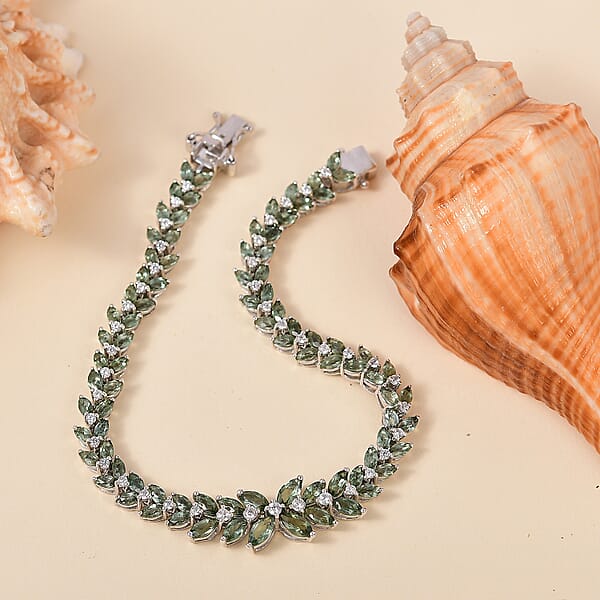 D'Joy Premium Malagasy Pine Apatite And White Zircon 11.20 Ctw Whispering Leaves Bracelet In Rhodium Over Sterling Silver (8.00 In)