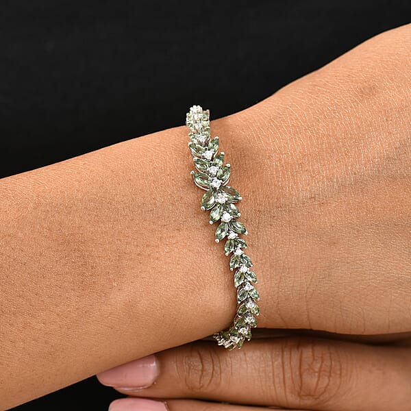 D'Joy Premium Malagasy Pine Apatite And White Zircon 11.20 Ctw Whispering Leaves Bracelet In Rhodium Over Sterling Silver (8.00 In)