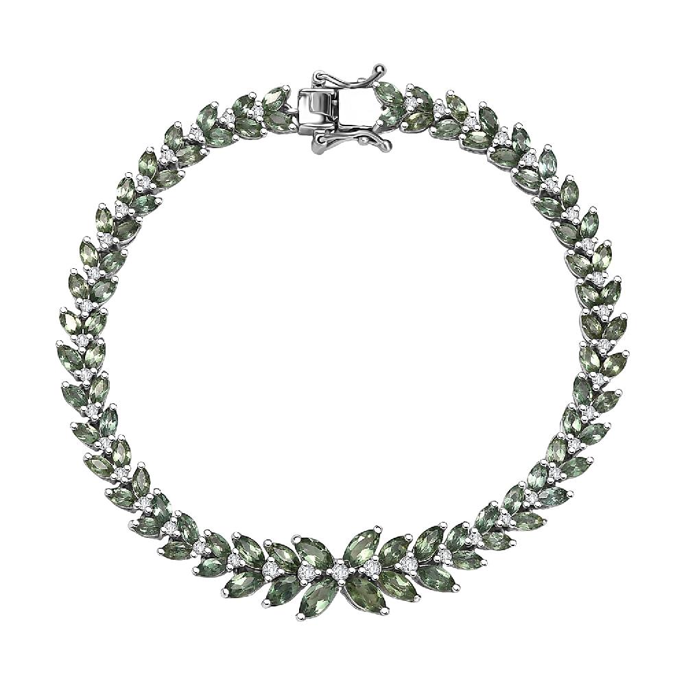 D'Joy Premium Malagasy Pine Apatite and White Zircon 10.65 ctw Whispering Leaves Bracelet in Rhodium Over Sterling Silver (7.25 In)