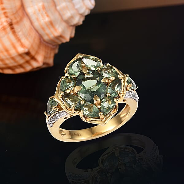 D'Joy Premium Malagasy Pine Apatite And White Zircon 4.50 Ctw Whispering Bloom Ring In 18K Vermeil Yellow Gold Over Sterling Silver