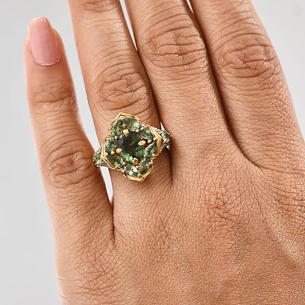 D'Joy Premium Malagasy Pine Apatite And White Zircon 4.50 Ctw Whispering Bloom Ring In 18K Vermeil Yellow Gold Over Sterling Silver