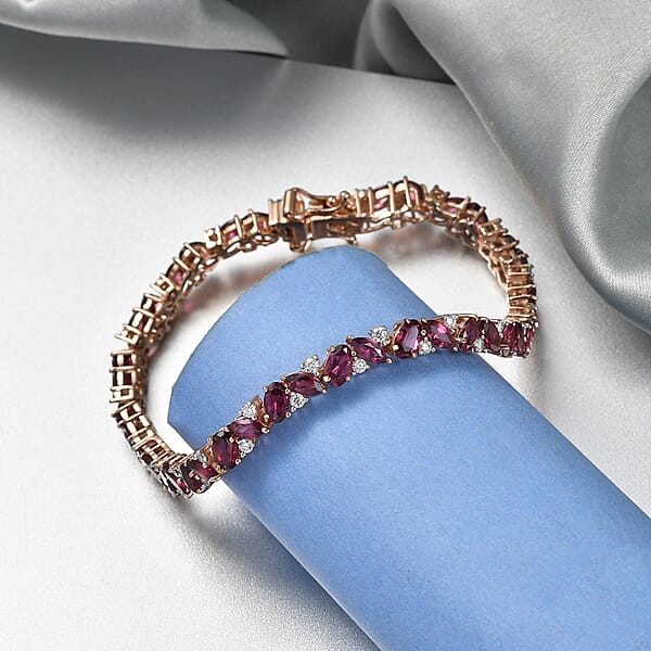 D'Joy Premium Malawi Magenta Garnet And Moissanite 10.85 Ctw Moonlit Bloom Bracelet In 18K Vermeil Rose Gold Over Sterling Silver (7.25 In)