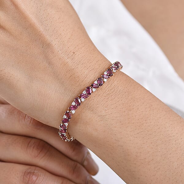 D'Joy Premium Malawi Magenta Garnet And Moissanite 10.85 Ctw Moonlit Bloom Bracelet In 18K Vermeil Rose Gold Over Sterling Silver (7.25 In)