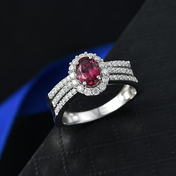D'Joy Premium Malawi Magenta Garnet And Moissanite 1.60 Ctw Halo Crest Ring In Rhodium Over Sterling Silver