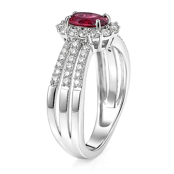 D'Joy Premium Malawi Magenta Garnet And Moissanite 1.60 Ctw Halo Crest Ring In Rhodium Over Sterling Silver