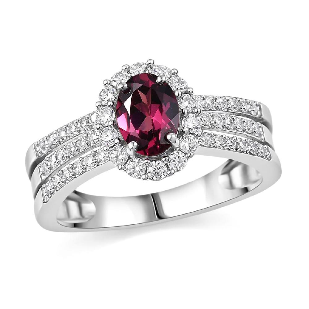 D'Joy Premium Malawi Magenta Garnet and Moissanite 1.60 ctw Halo Crest Ring in Rhodium Over Sterling Silver