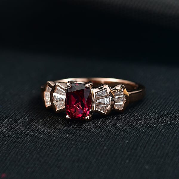 D'Joy Premium Malawi Magenta Garnet And Moissanite 1.85 Ctw Deco Flair Ring In 18K Vermeil Rose Gold Over Sterling Silver