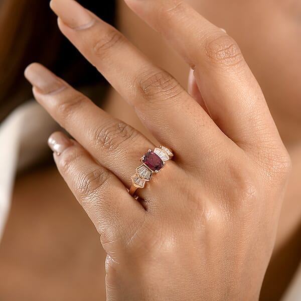 D'Joy Premium Malawi Magenta Garnet And Moissanite 1.85 Ctw Deco Flair Ring In 18K Vermeil Rose Gold Over Sterling Silver