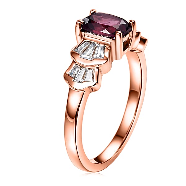 D'Joy Premium Malawi Magenta Garnet And Moissanite 1.85 Ctw Deco Flair Ring In 18K Vermeil Rose Gold Over Sterling Silver