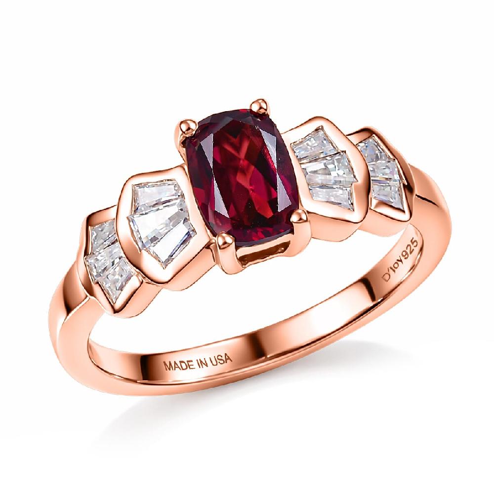 D'Joy Premium Malawi Magenta Garnet and Moissanite 1.85 ctw Deco Flair Ring in 18K Vermeil Rose Gold Over Sterling Silver