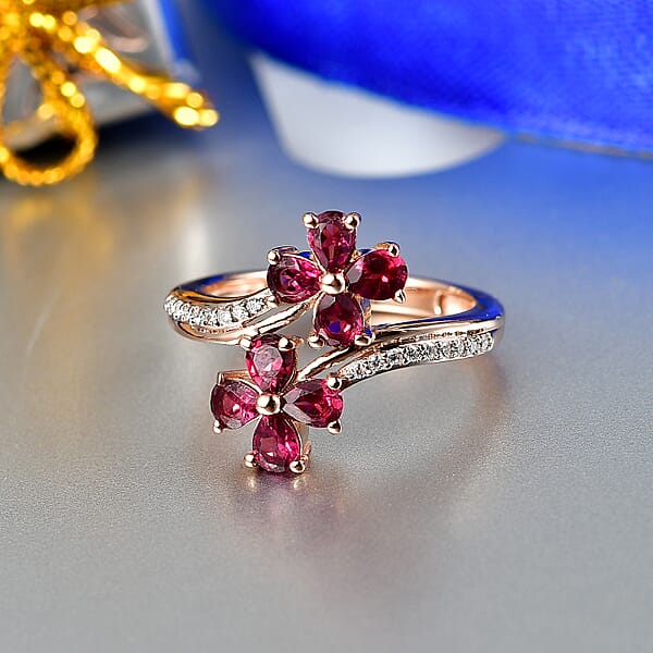 D'Joy Premium Malawi Magenta Garnet And Moissanite 1.70 Ctw Floral Affair Ring In 18K Vermeil Rose Gold Over Sterling Silver