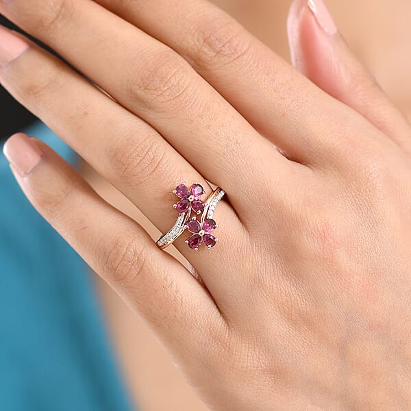 D'Joy Premium Malawi Magenta Garnet And Moissanite 1.70 Ctw Floral Affair Ring In 18K Vermeil Rose Gold Over Sterling Silver