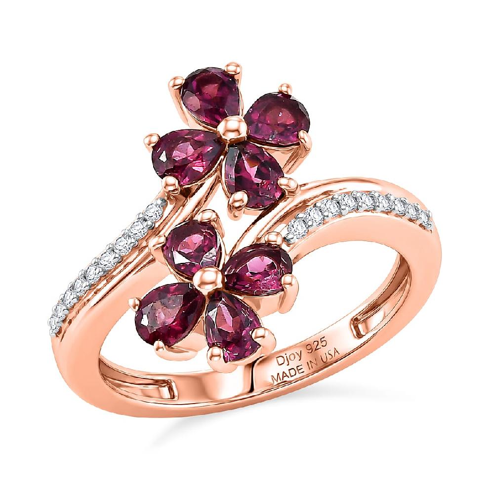 D'Joy Premium Malawi Magenta Garnet and Moissanite 1.70 ctw Floral Affair Ring in 18K Vermeil Rose Gold Over Sterling Silver