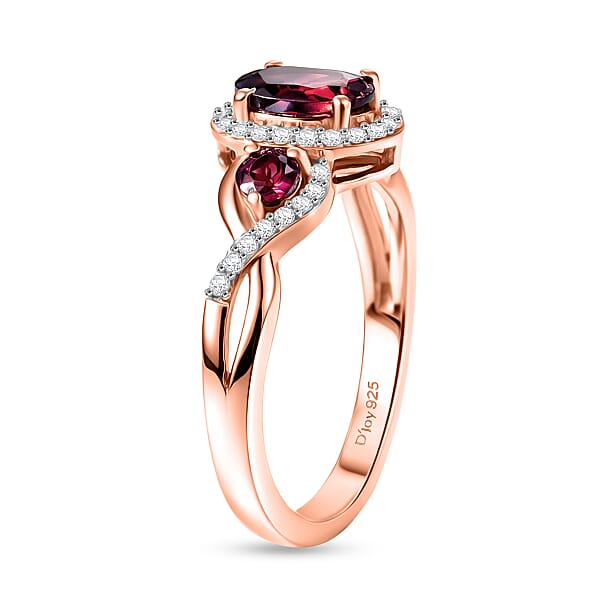 D'Joy Premium Malawi Magenta Garnet And Moissanite 1.50 Ctw Twilight Ribbon Ring In 18K Vermeil Rose Gold Over Sterling Silver