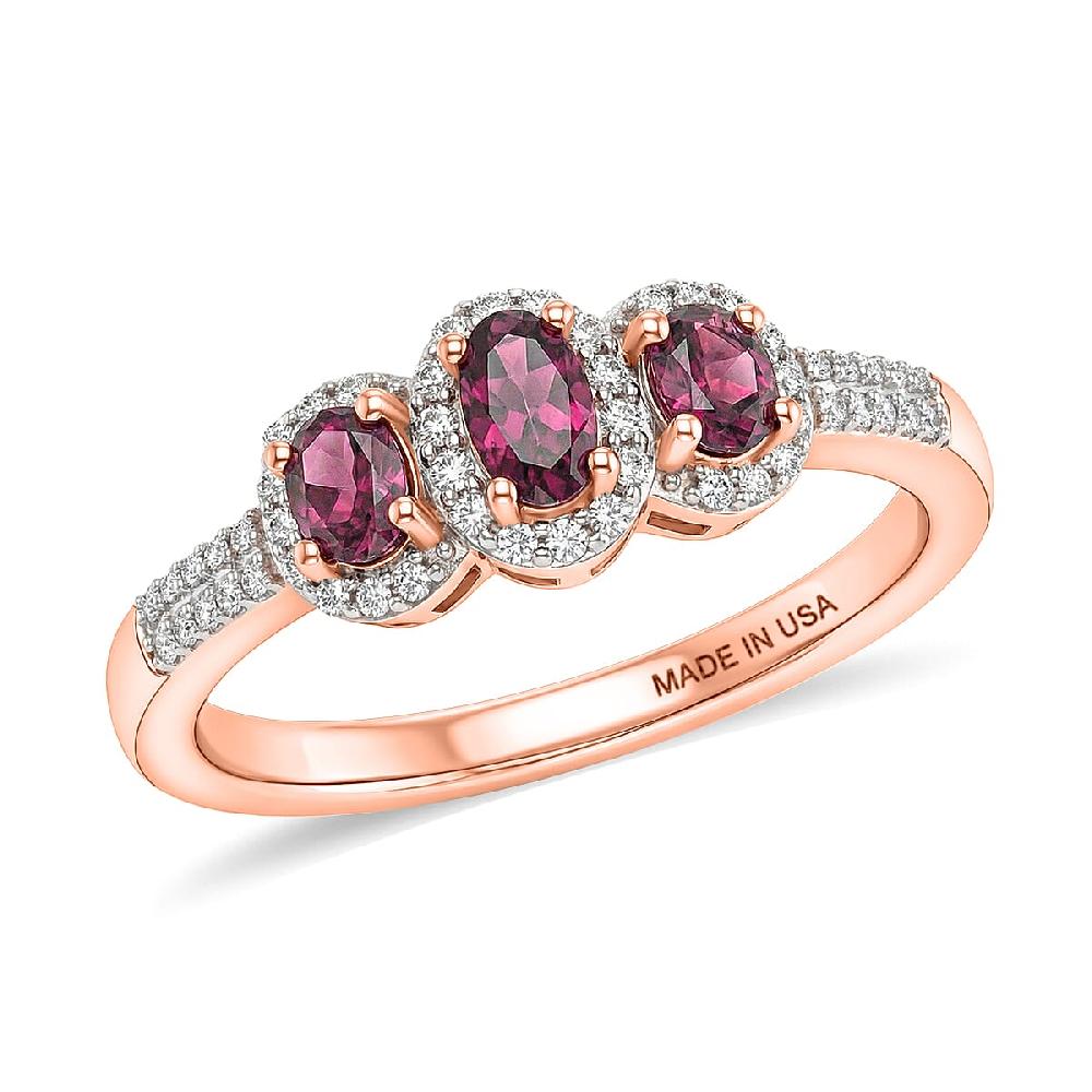 D'Joy Premium Malawi Magenta Garnet and Moissanite 1.00 ctw Twilight Trilogy Ring in 18K Vermeil Rose Gold Over Sterling Silver