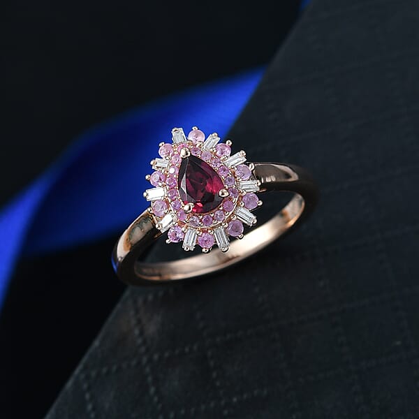 D'Joy Premium Malawi Magenta Garnet And Multi Gemstone 1.00 Ctw Twilight Bloom Ring In 18K Vermeil Rose Gold Over Sterling Silver