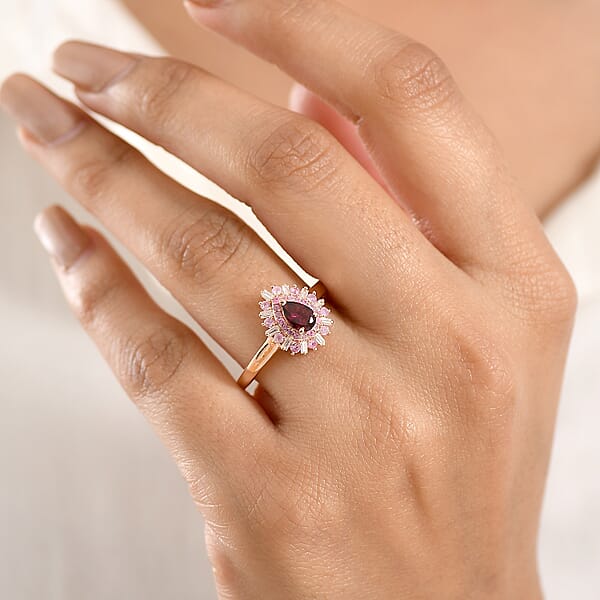 D'Joy Premium Malawi Magenta Garnet And Multi Gemstone 1.00 Ctw Twilight Bloom Ring In 18K Vermeil Rose Gold Over Sterling Silver